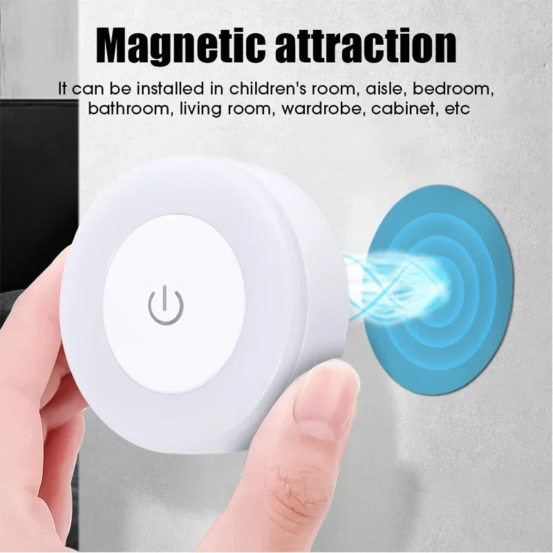 Mini LED Touch Sensor Night Lights USB Rechargeable Kitchen Bedroom Magnetic Base Wall Light Round Portable Dimming Night Lamp - Divine Beauty Care