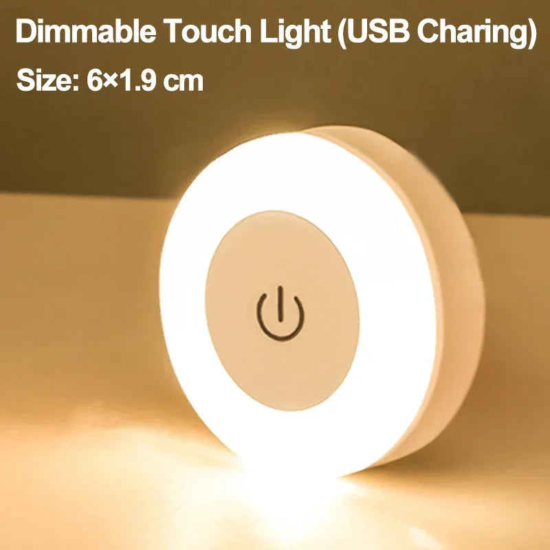 Mini LED Touch Sensor Night Lights USB Rechargeable Kitchen Bedroom Magnetic Base Wall Light Round Portable Dimming Night Lamp - Divine Beauty Care