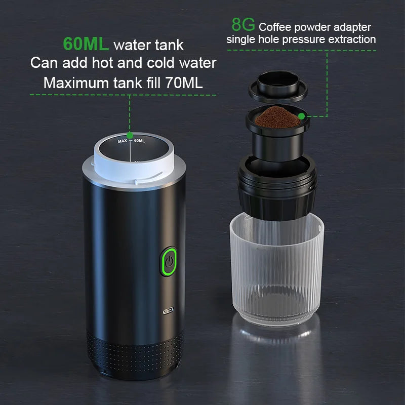 Wireless Electric Portable Espresso Coffee Machine for Car & Home Camping Coffee Maker 3-in-1 Capsule Powder Travel Coffee Maker - Divine Beauty Care
