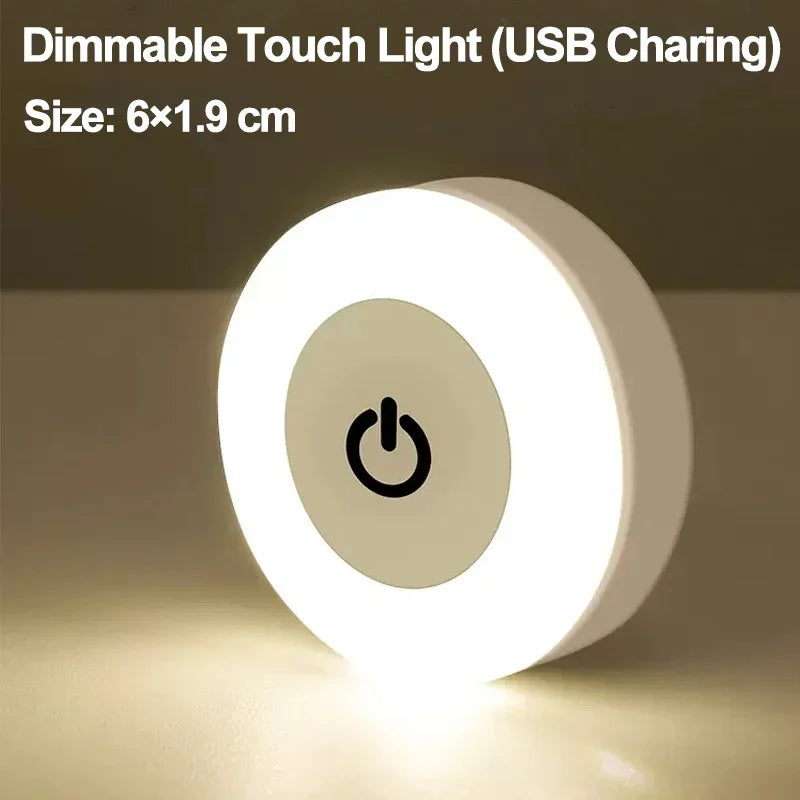 Mini LED Touch Sensor Night Lights USB Rechargeable Kitchen Bedroom Magnetic Base Wall Light Round Portable Dimming Night Lamp - Divine Beauty Care